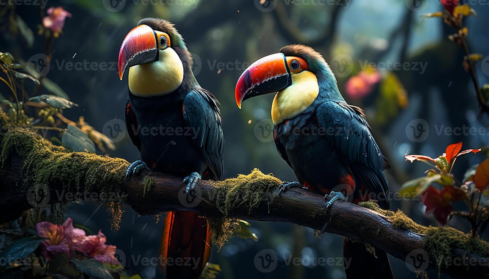 ai generado vibrante tucán encaramado en rama, comiendo insectos en selva generado por ai foto