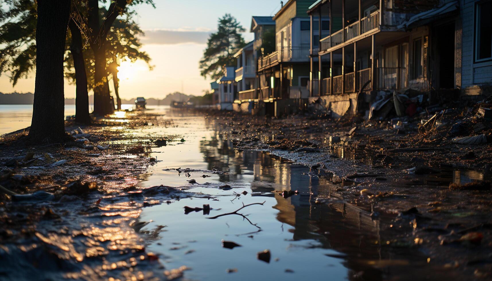 AI generated Sunset over the city, reflecting in the tranquil, wet landscape generated by AI photo
