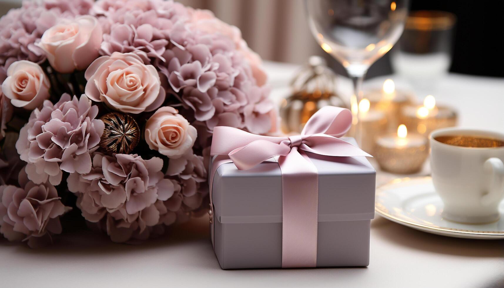 AI generated Romantic wedding celebration with elegant decorations, flower bouquet, and candle generated by AI photo