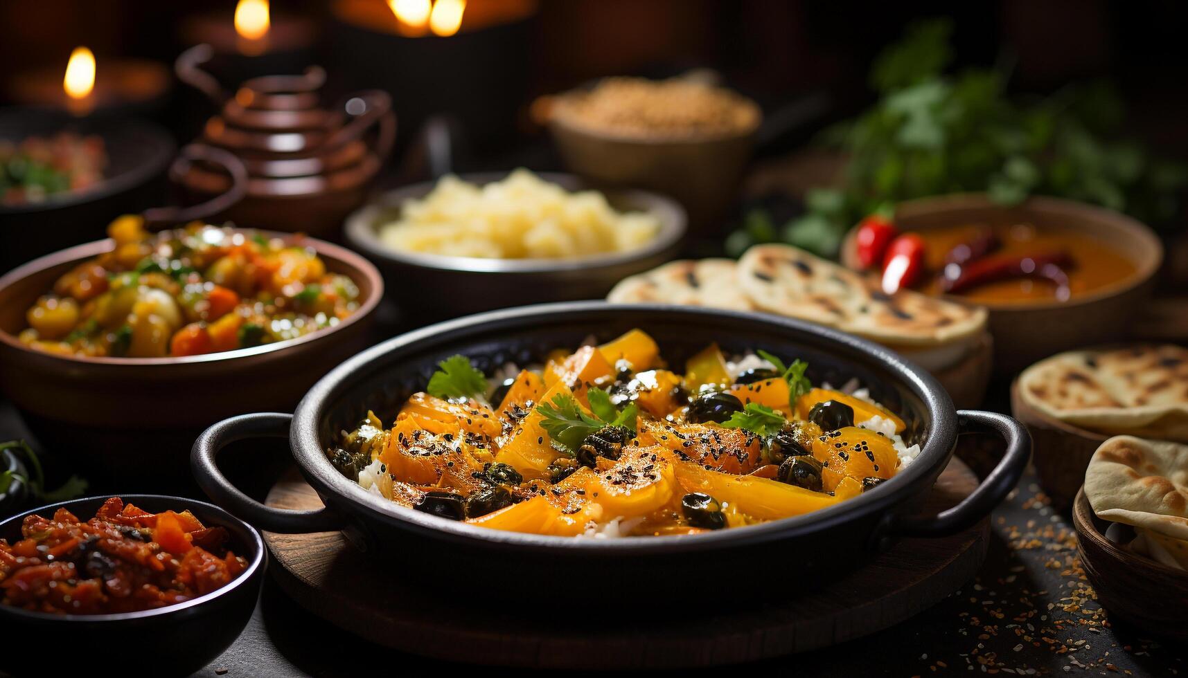 AI generated A homemade vegetarian meal fresh vegetables, cooked pumpkin, healthy salad generated by AI photo
