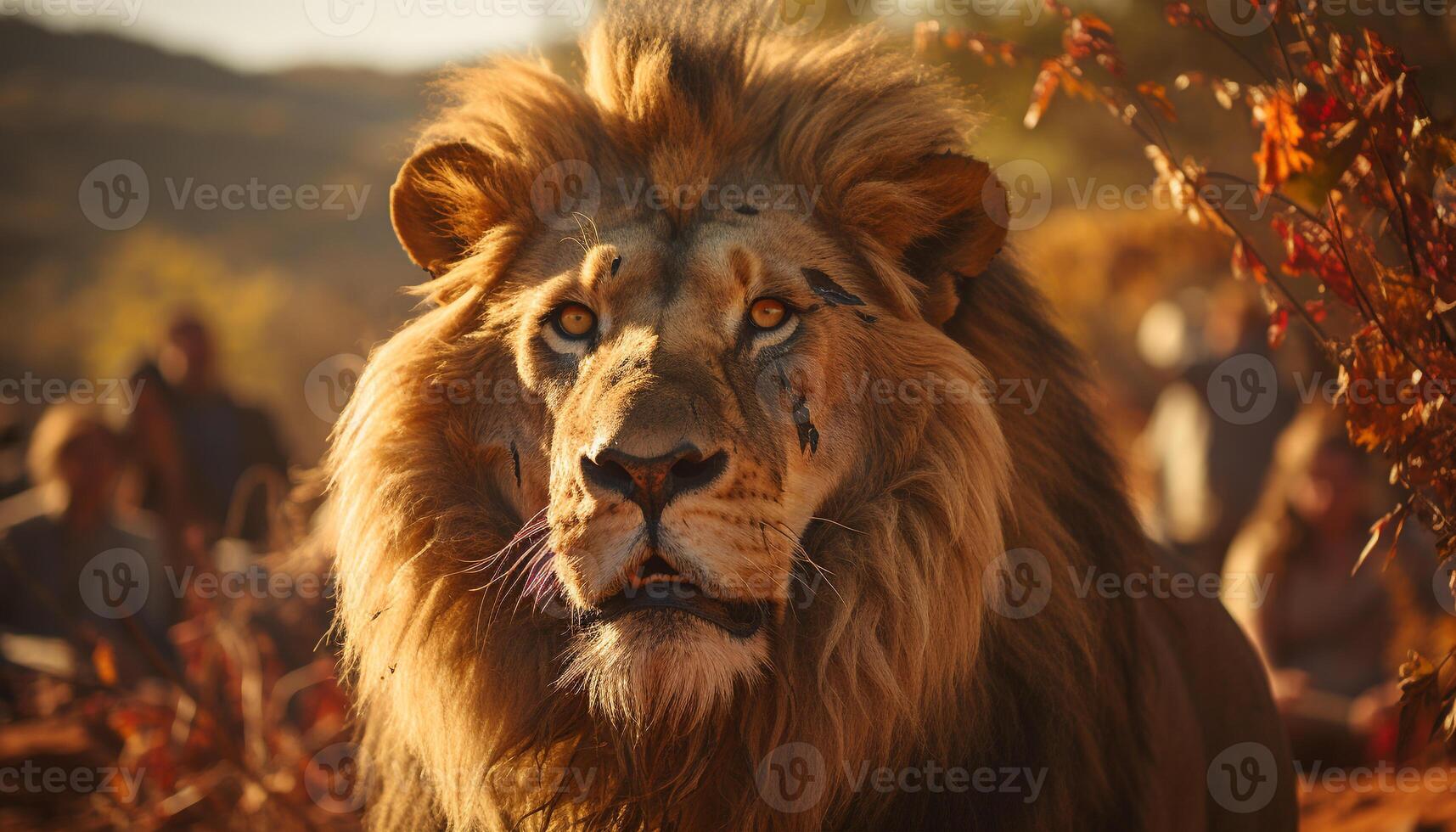 AI generated Majestic lioness walking in the wilderness, strength in her eyes generated by AI photo