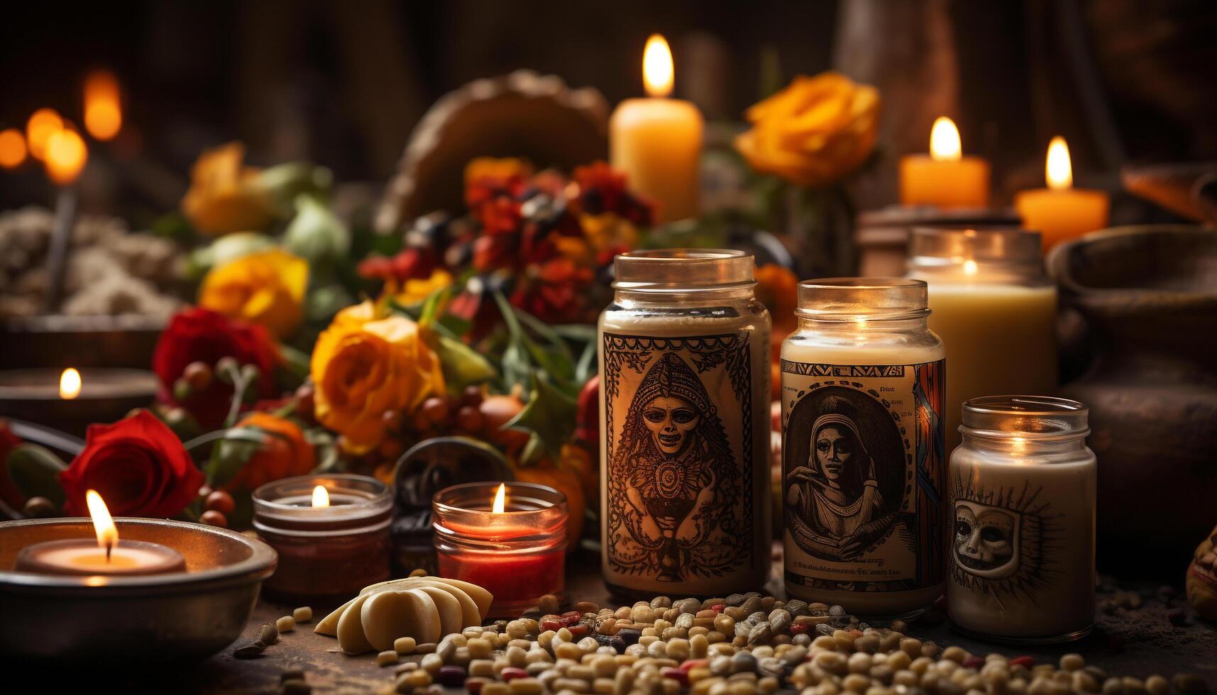 AI generated Glowing candle illuminates dark night, bringing relaxation and spirituality generated by AI photo