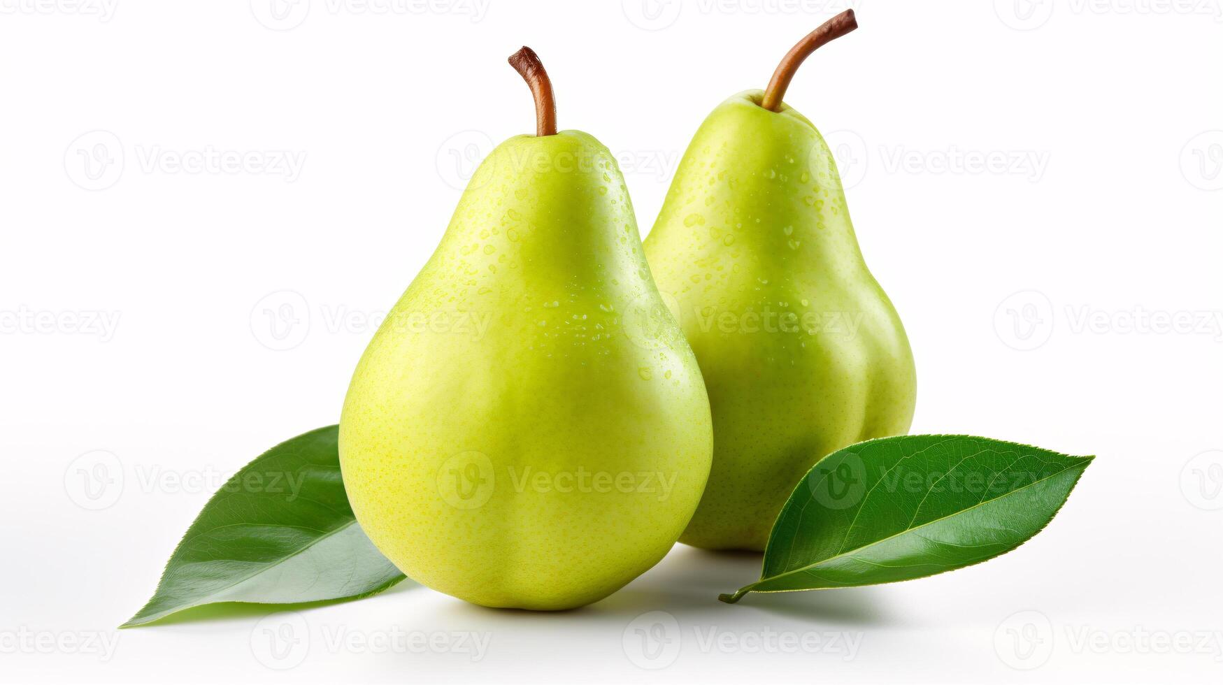 AI generated A lone, green pear cut in half with a deep depth of field present. photo