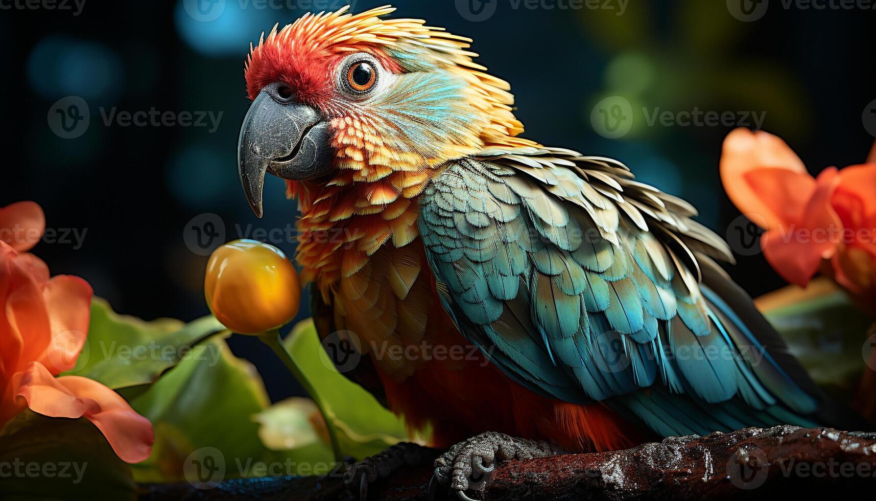 AI generated A cute macaw perching on a branch, vibrant feathers shining generated by AI photo