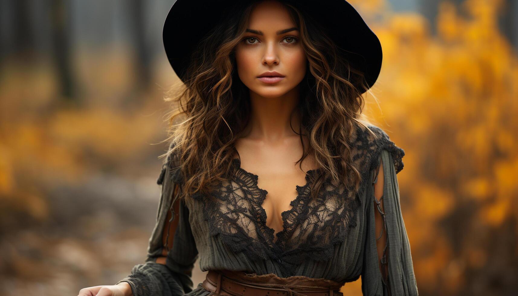 AI generated Young woman in autumn forest, looking at camera, fashionable and cute generated by AI photo