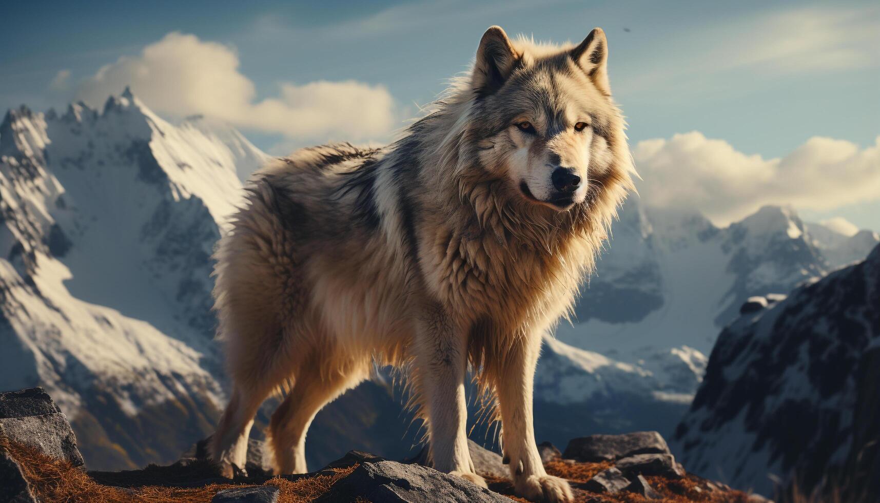 ai generado majestuoso lobo en ártico paisaje, acecho naturaleza belleza generado por ai foto