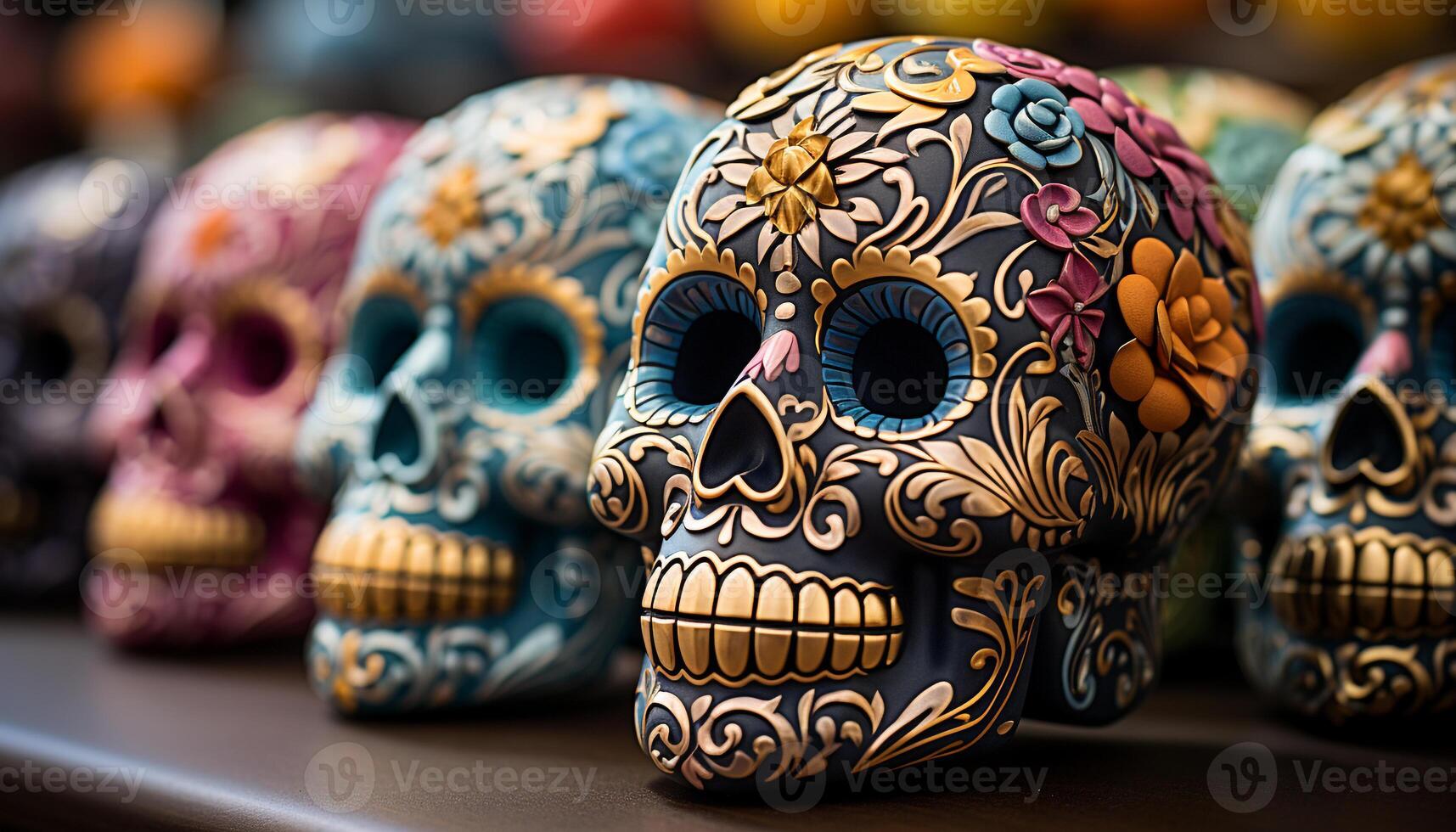 AI generated Mexican culture celebrates Day of the Dead with colorful skulls generated by AI photo