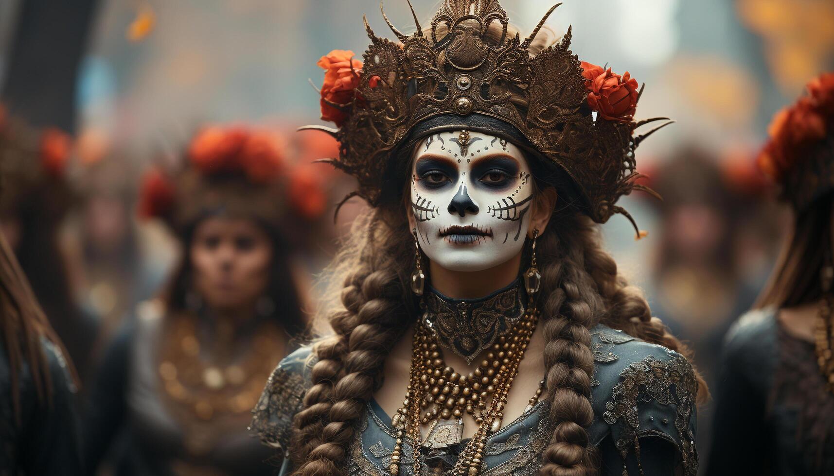 ai generado joven adultos en tradicional disfraces celebrar Víspera de Todos los Santos a un carnaval generado por ai foto