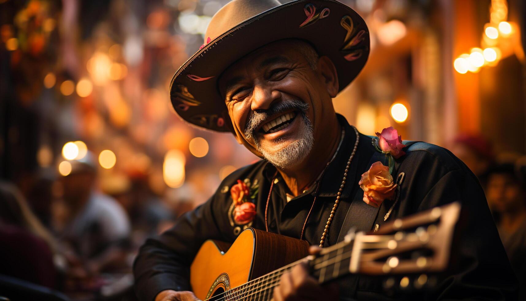 AI generated A joyful guitarist playing outdoors, celebrating cultures with music generated by AI photo