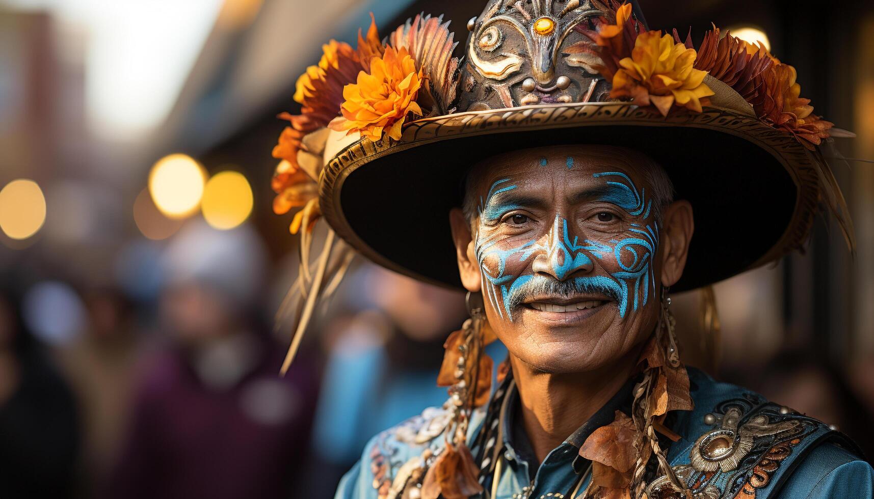AI generated Smiling men and women in traditional clothing celebrate indigenous culture generated by AI photo