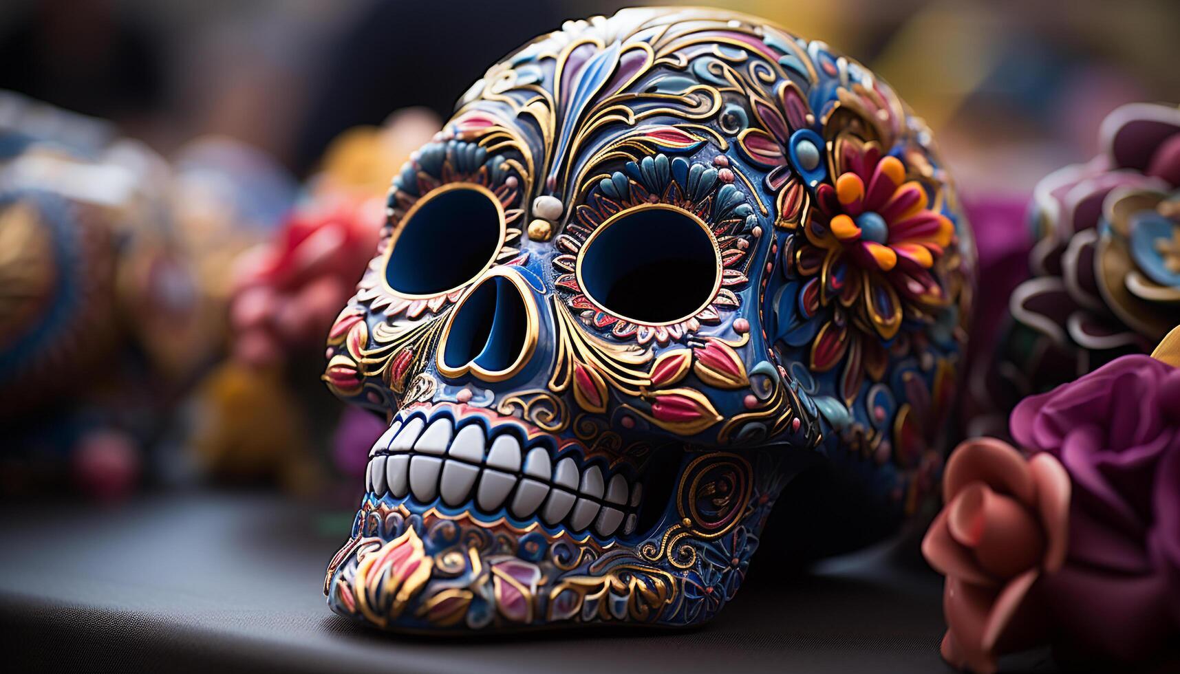 AI generated Day of the Dead celebration colorful skulls, spooky masks, ancient traditions generated by AI photo