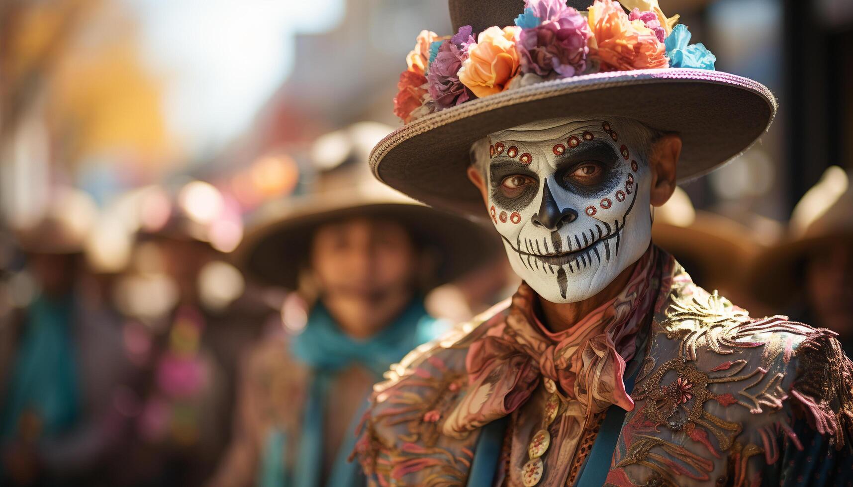 ai generado hombres y mujer en tradicional ropa celebrar día de el muerto a un vistoso al aire libre desfile generado por ai foto