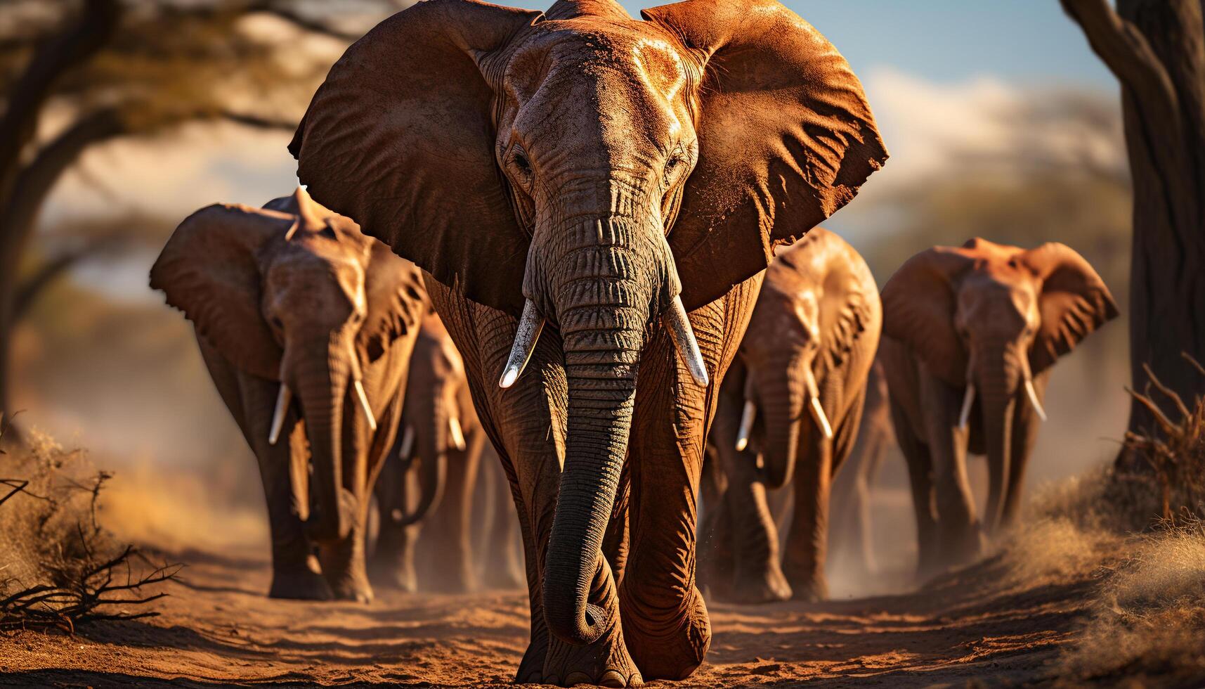 AI generated Elephants walking in a row, standing in tranquil African sunset generated by AI photo