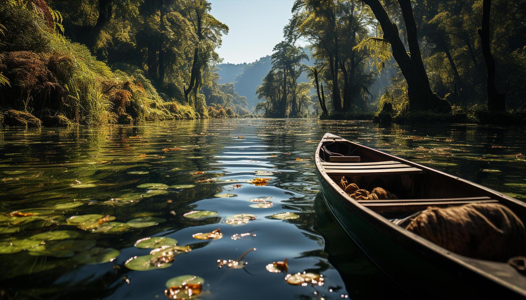 AI generated Tranquil scene canoeing on peaceful pond, surrounded by nature generated by AI photo