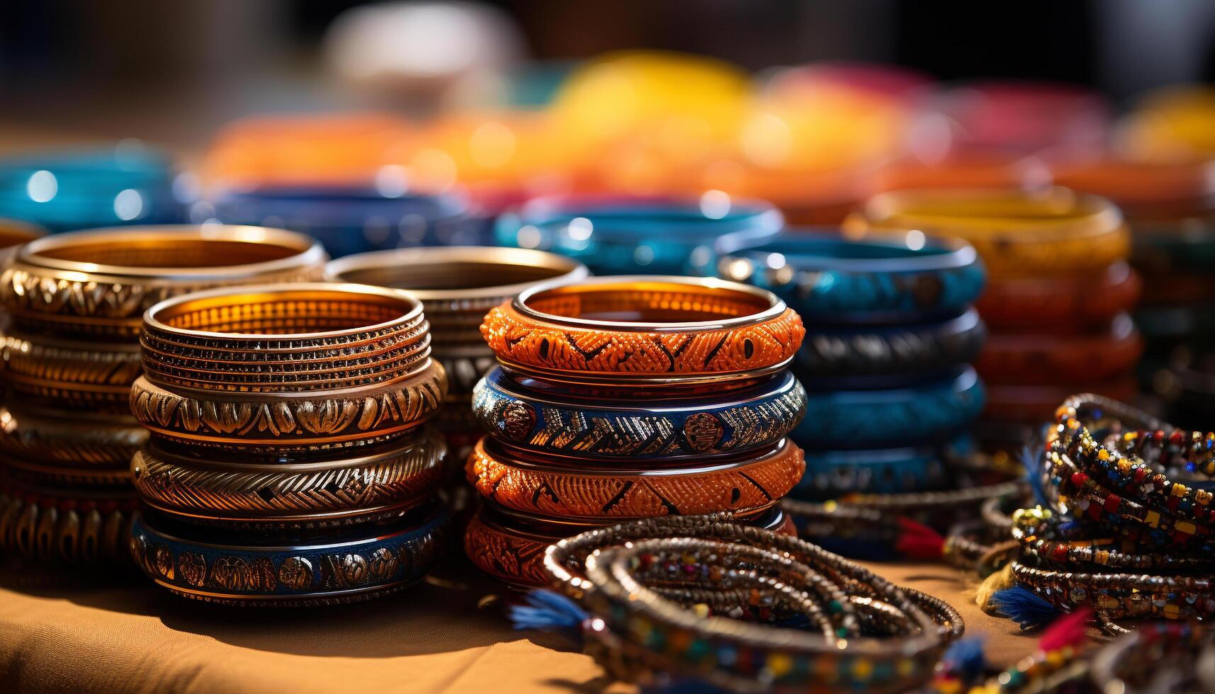 AI generated A colorful collection of indigenous bracelets adorns the souvenir store generated by AI photo