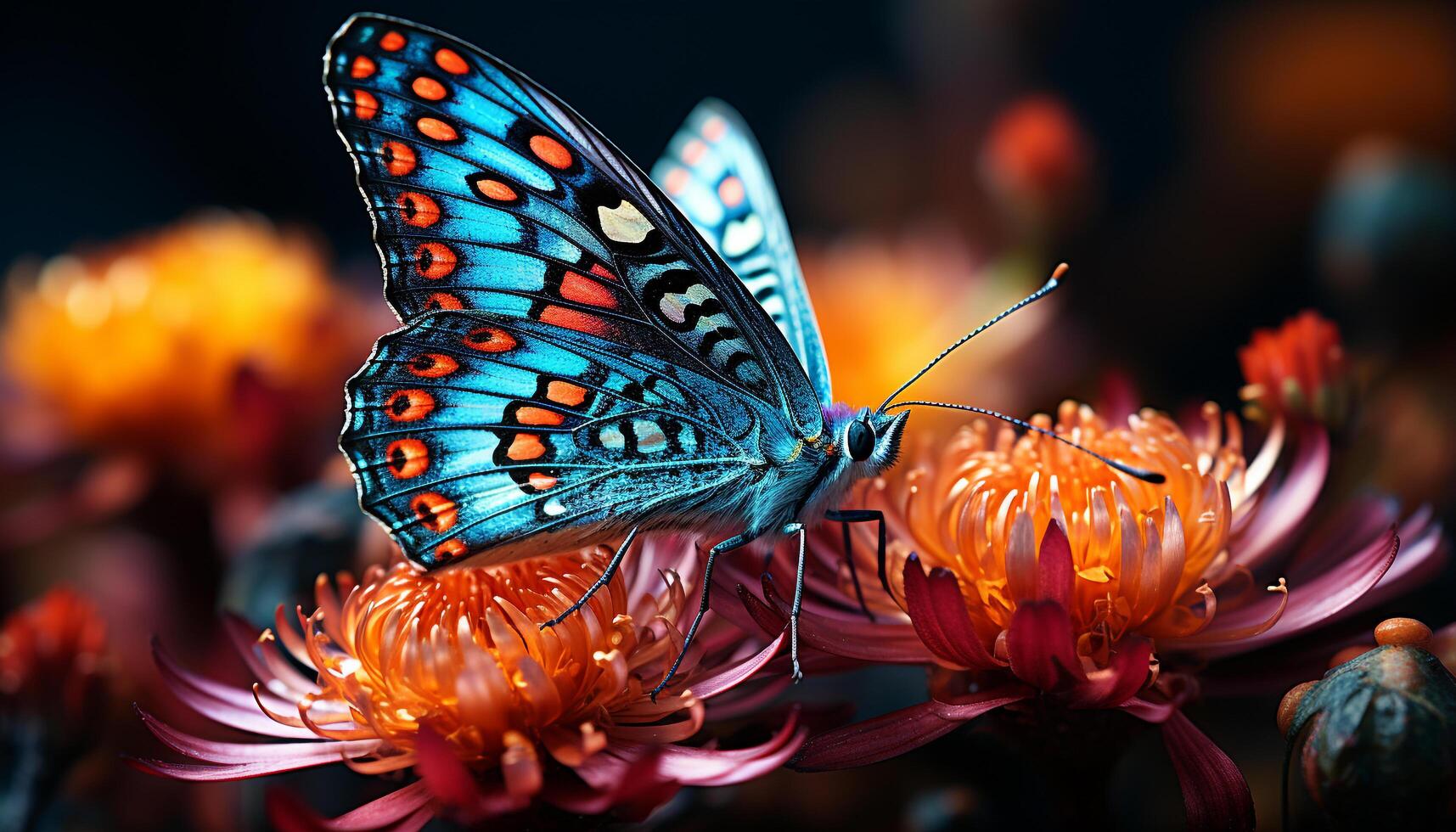 AI generated Vibrant butterfly wing showcases nature beauty in multi colored patterns generated by AI photo