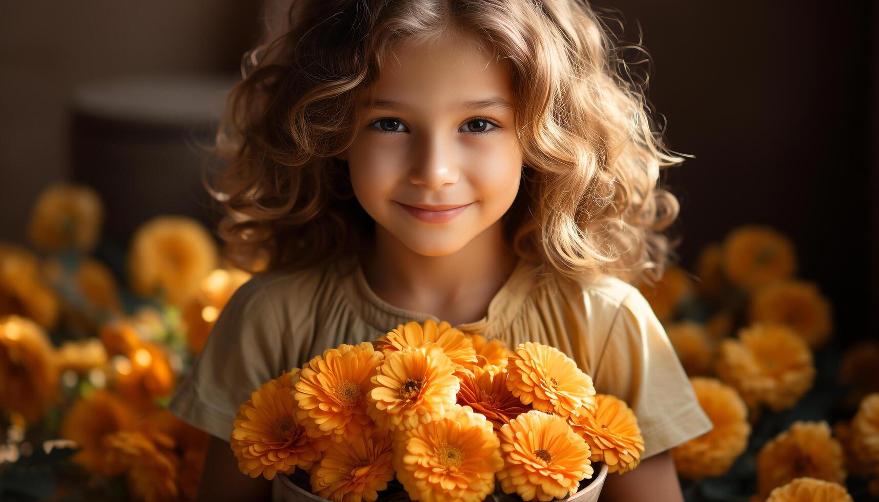 AI generated Smiling cute girl holds yellow flower, radiating happiness and joy generated by AI photo