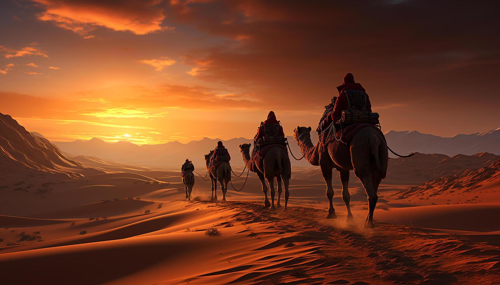 ai generado grupo de personas caminando con camellos en africano puesta de sol generado por ai foto