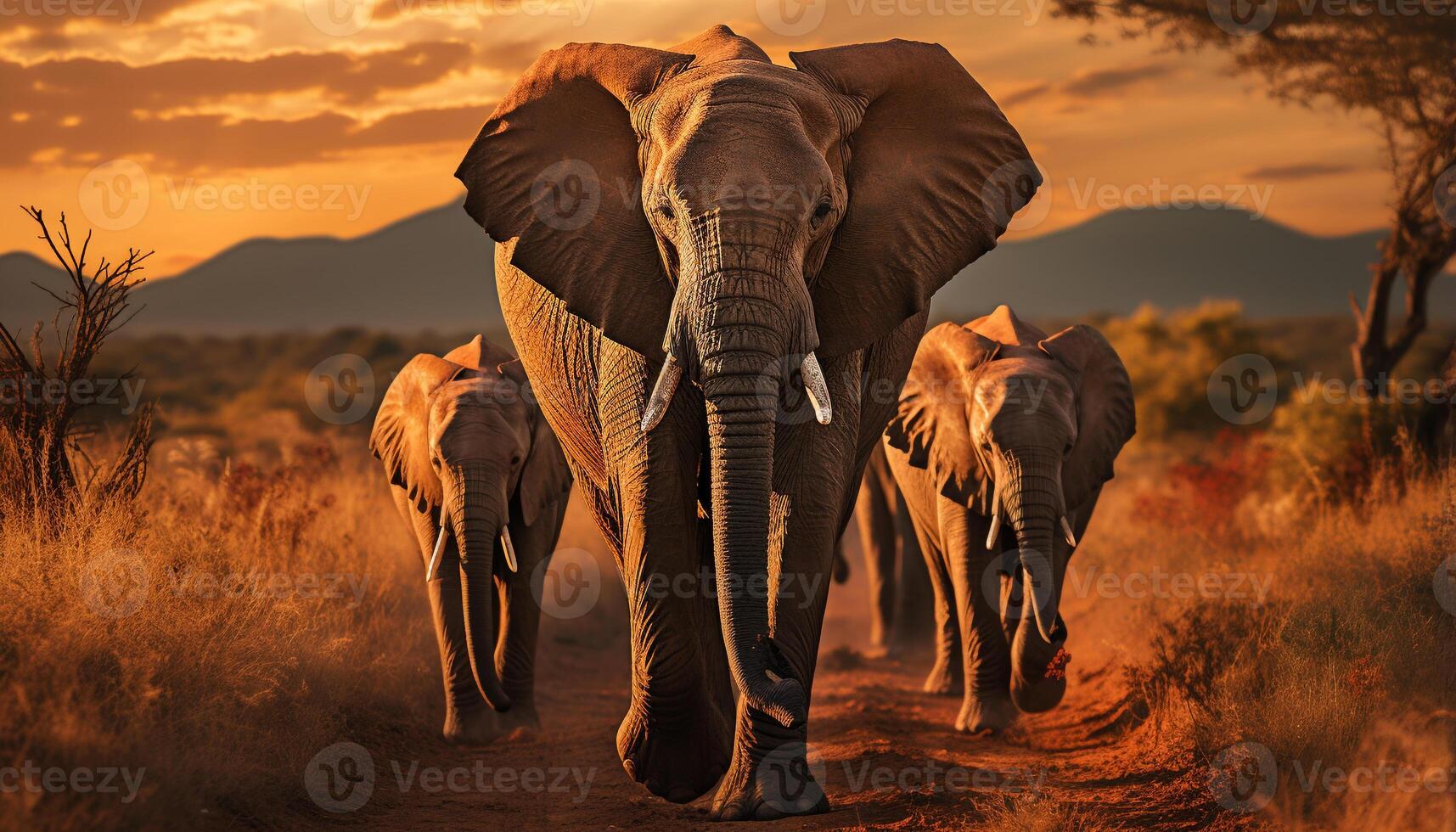 ai generado elefantes vagar África desierto, un majestuoso familia caminando juntos generado por ai foto