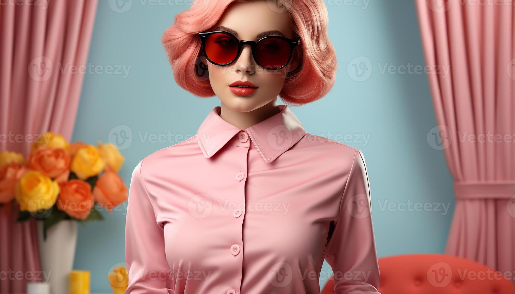 AI generated Young woman in sunglasses, looking at camera with elegance and sensuality generated by AI photo