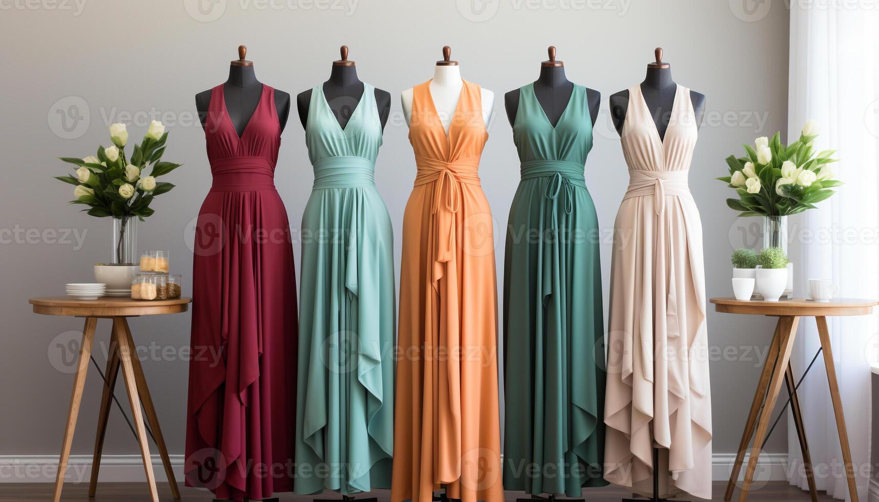 ai generado de moda mujer en elegante vestidos escaparate un moderno textil colección generado por ai foto