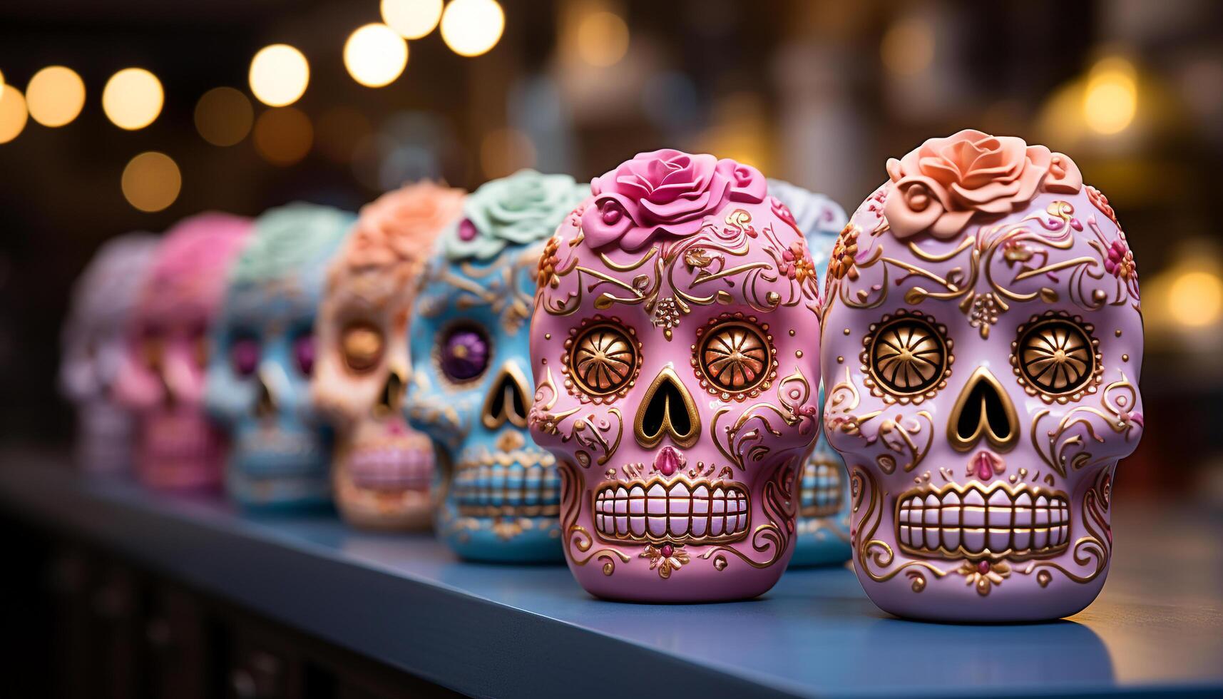 AI generated Day of the Dead celebration colorful skulls symbolize