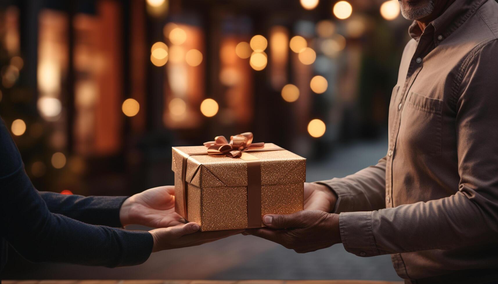 ai generado hombres participación regalo caja, dando envuelto paquete, Navidad decoración, sonriente generado por ai foto