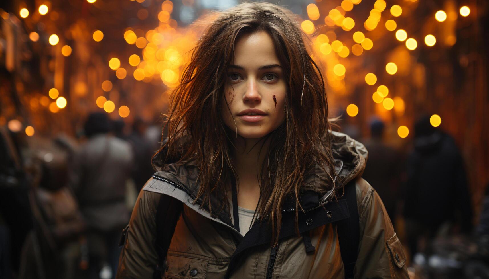 AI generated Young woman smiling, looking at camera, illuminated in city at night generated by AI photo