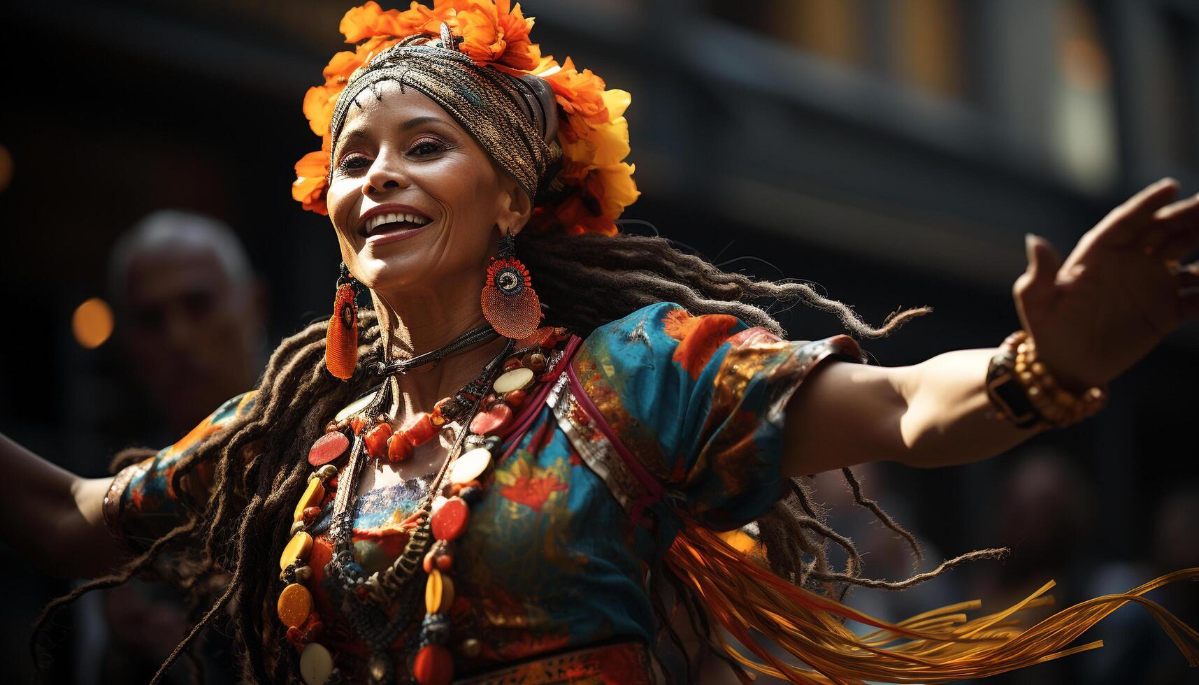 AI generated Young women dancing in traditional clothing at a music festival generated by AI photo