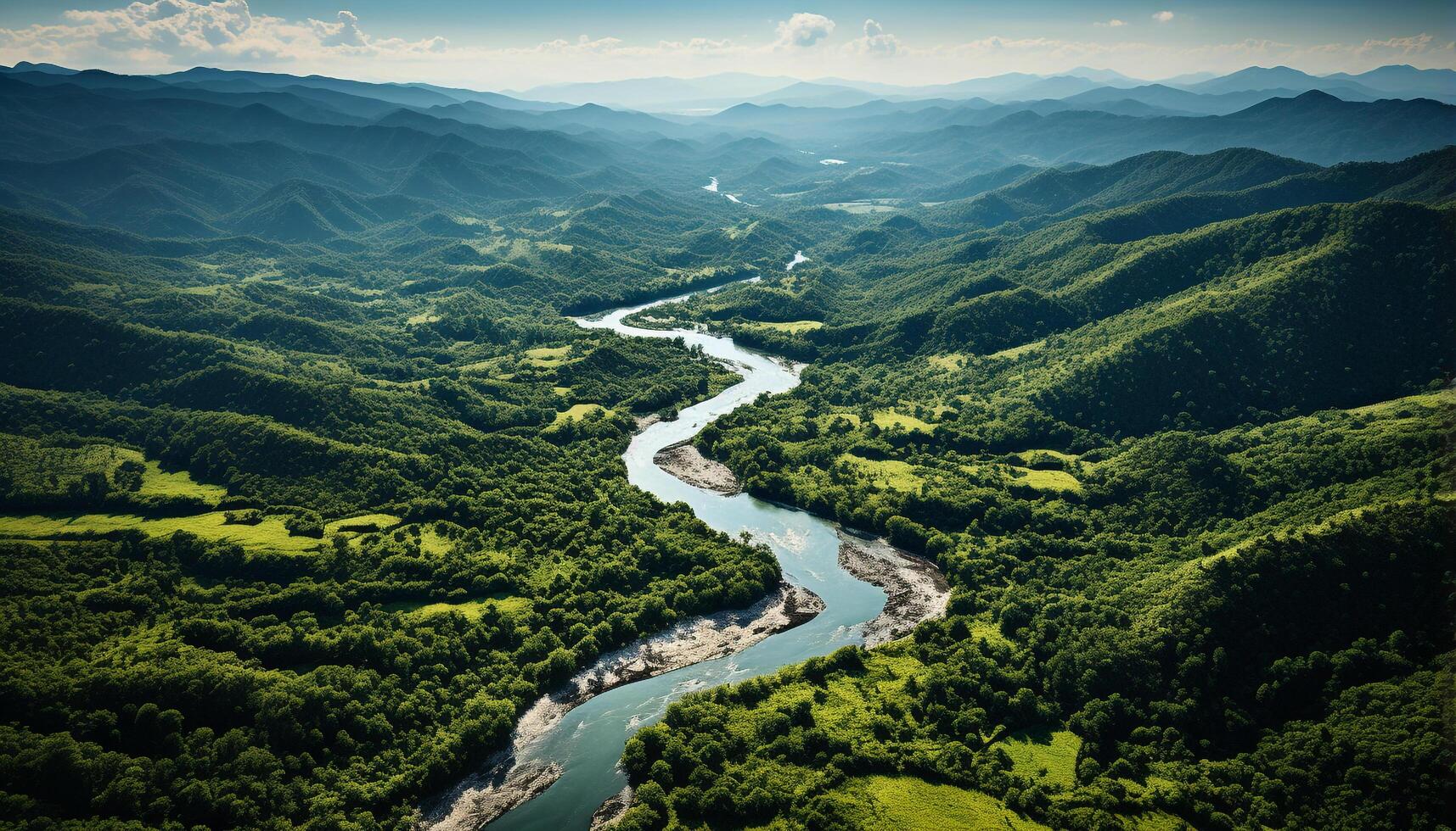 AI generated Tranquil meadow flows, green mountains curve, nature beauty in aerial view generated by AI photo