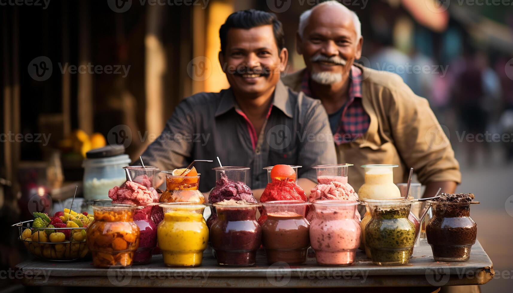 AI generated Two men smiling, cooking outdoors, enjoying fresh food and drink generated by AI photo