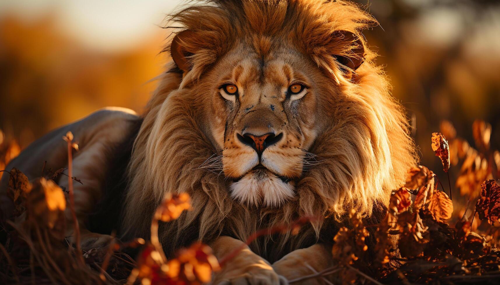 ai generado majestuoso león ocultación en césped, mirando lejos, belleza en naturaleza generado por ai foto