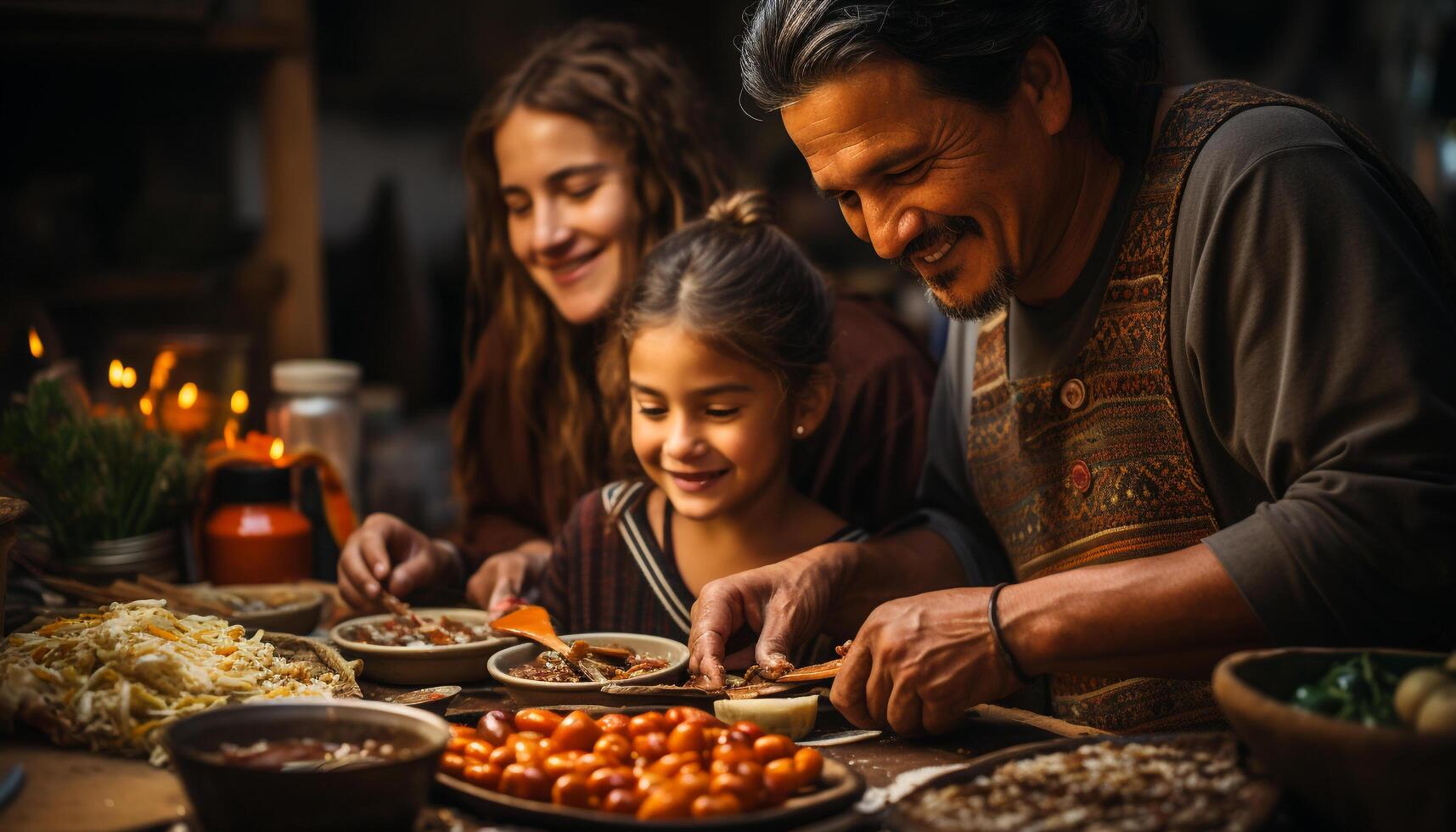 AI generated Family smiling, bonding, enjoying a festive meal in cozy kitchen generated by AI photo