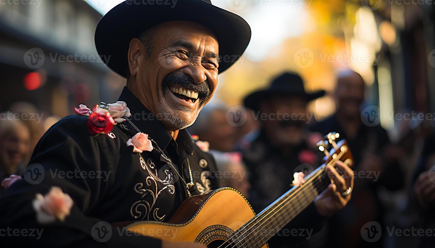 AI generated Men and women playing guitars, smiling, enjoying a traditional festival generated by AI photo