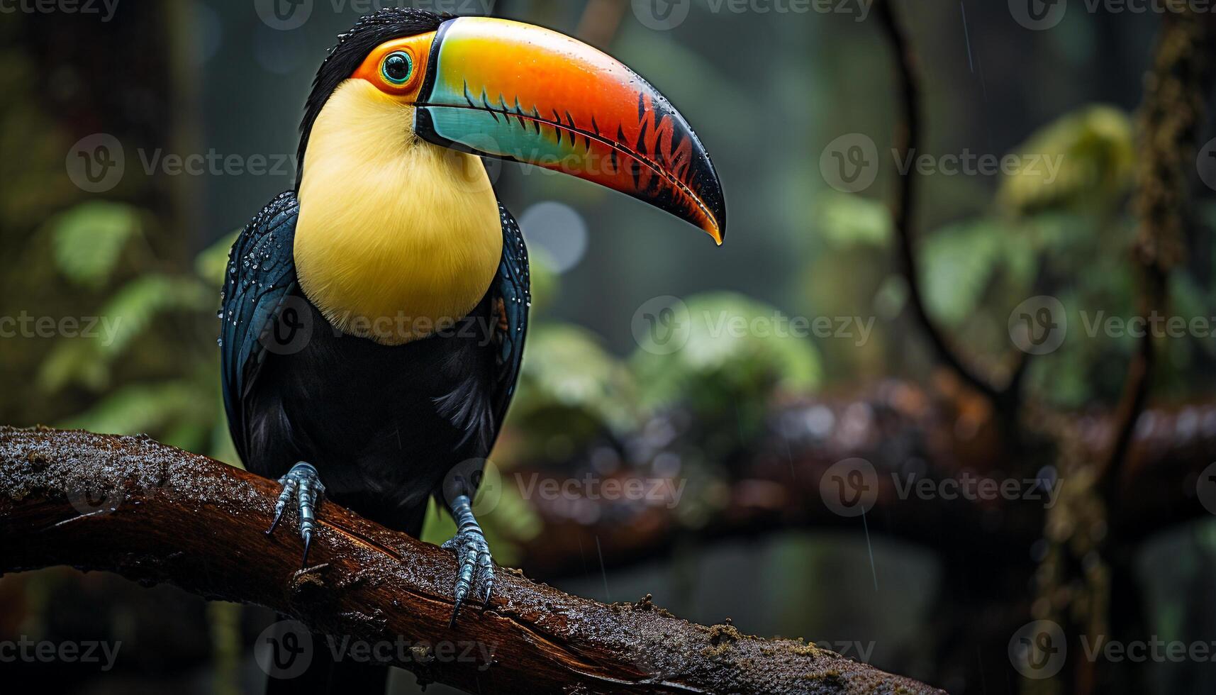 AI generated Vibrant toucan perching on branch in tropical rainforest generated by AI photo