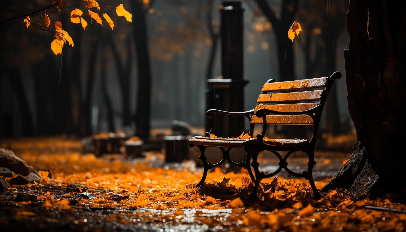 AI generated Autumn flame ignites nature beauty on old wooden bench generated by AI photo
