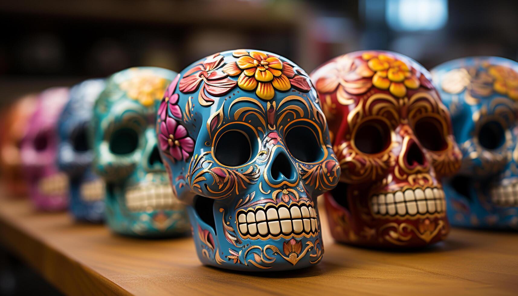 ai generado día de el muerto celebracion vistoso calaveras, escalofriante decoraciones generado por ai foto