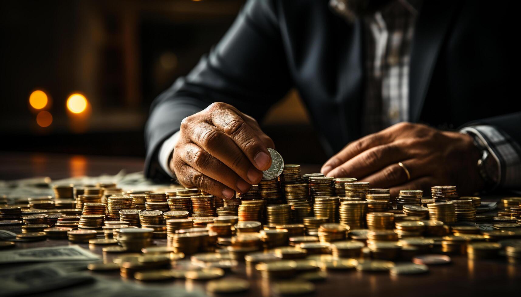 AI generated Successful businessman counting money, strategizing wealth, holding gold coin generated by AI photo