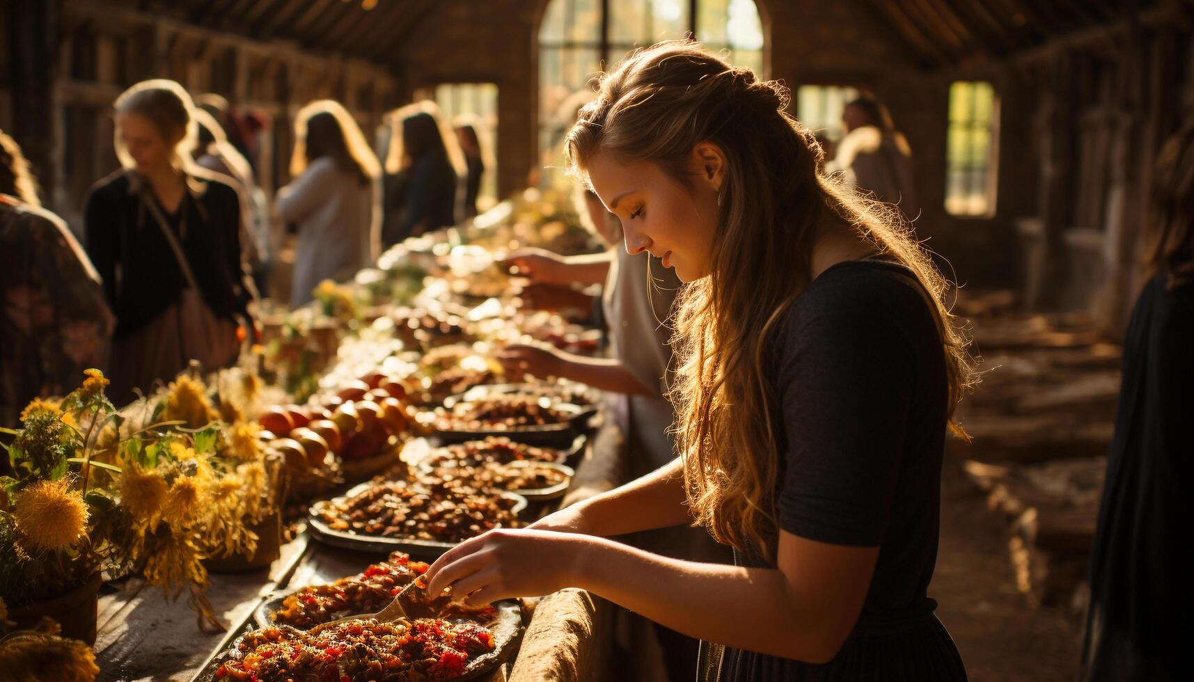 AI generated Young women smiling, choosing fresh fruit, enjoying healthy shopping together generated by AI photo