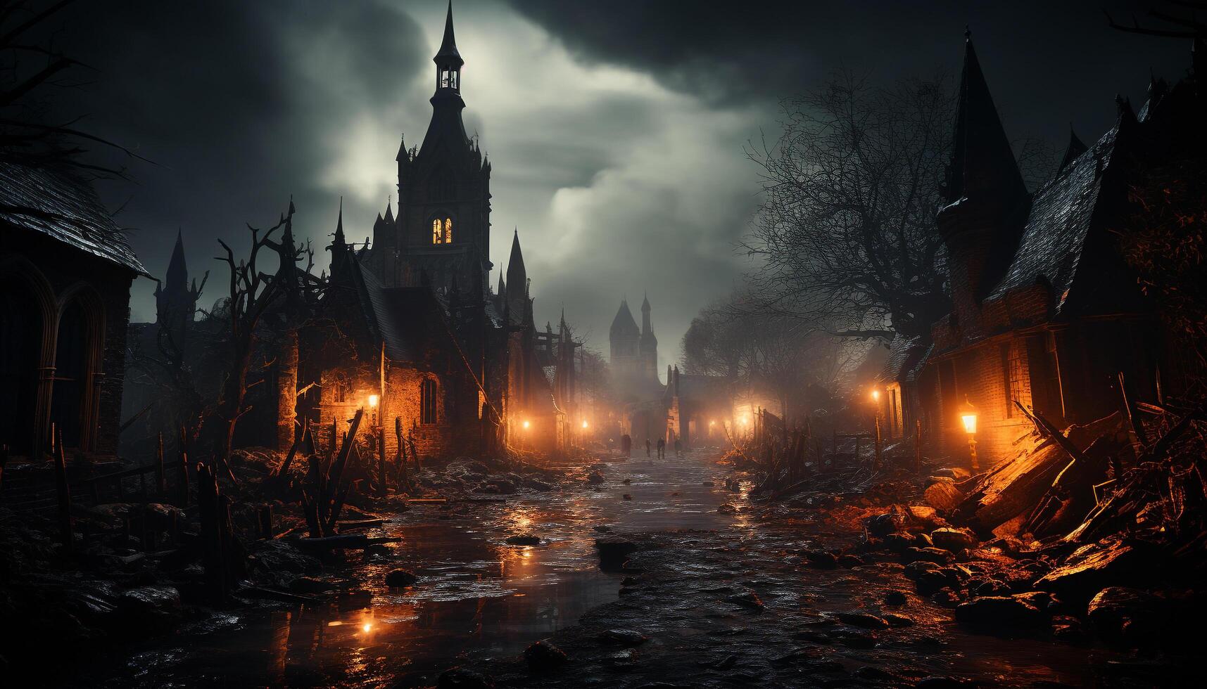 AI generated Spooky night, dark horror, gothic architecture, old mystery, autumn fog generated by AI photo