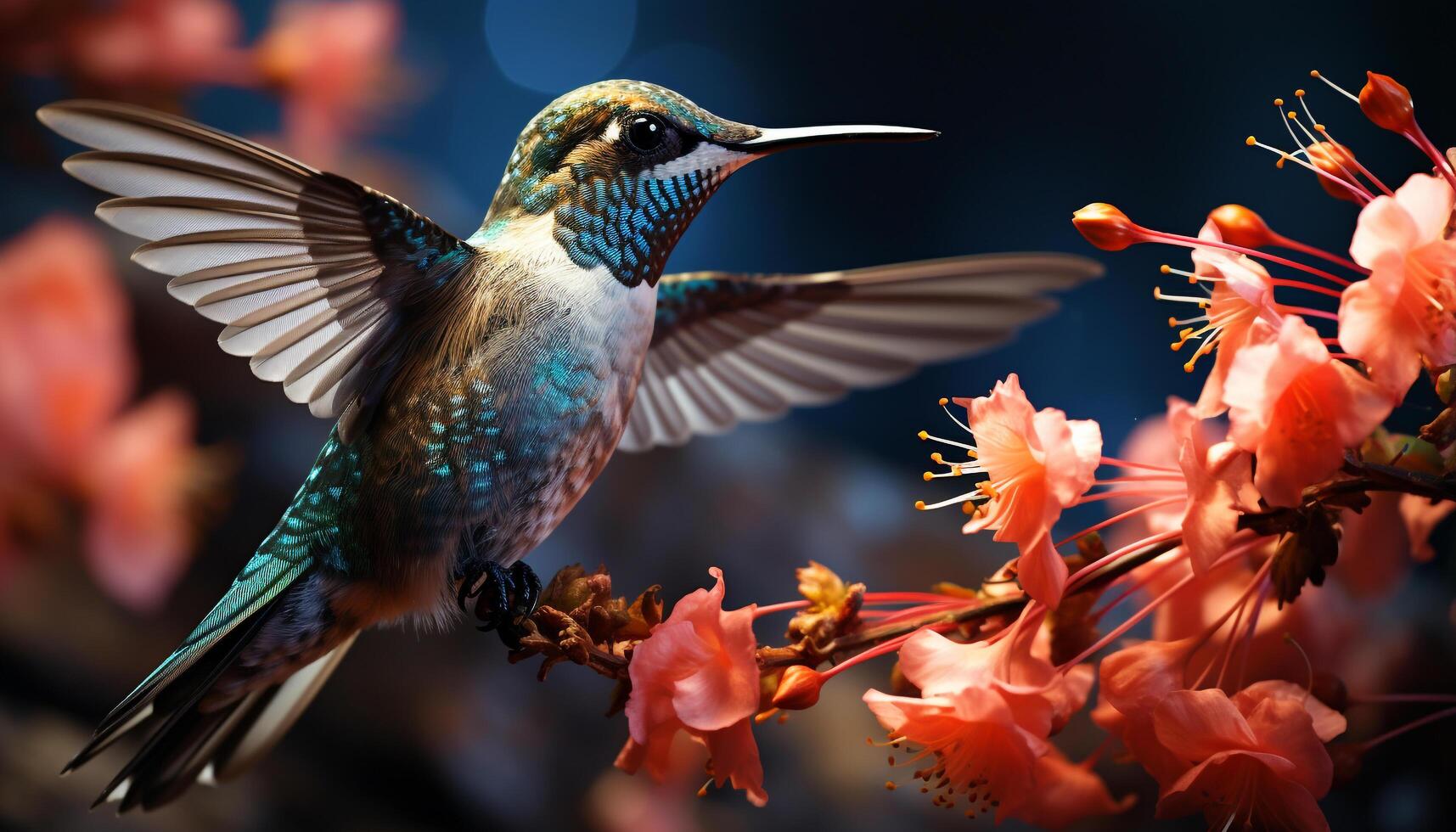 AI generated Hummingbird flying, vibrant feathers, nature beauty in a small package generated by AI photo