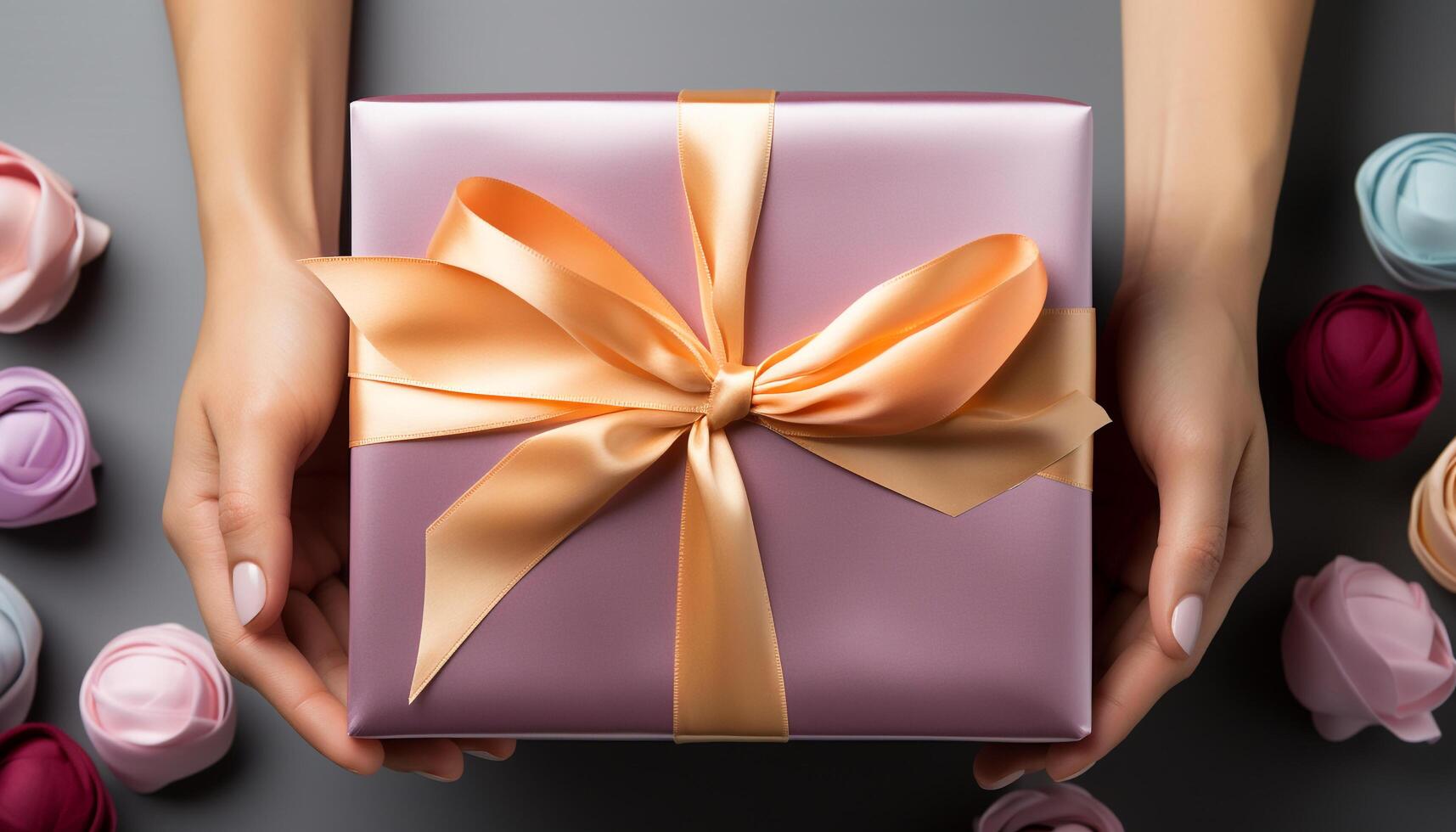AI generated A woman hand holding a gift box with love generated by AI photo