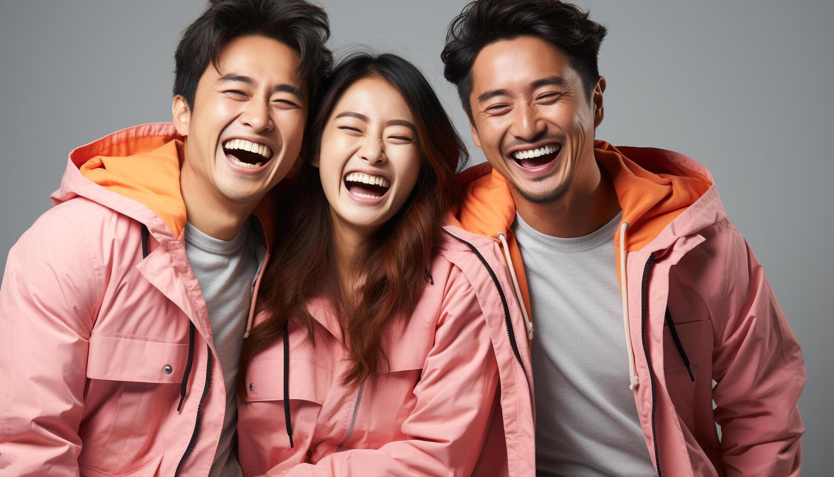 ai generado un grupo de joven adultos sonriente, reír, y abrazando en alegría generado por ai foto