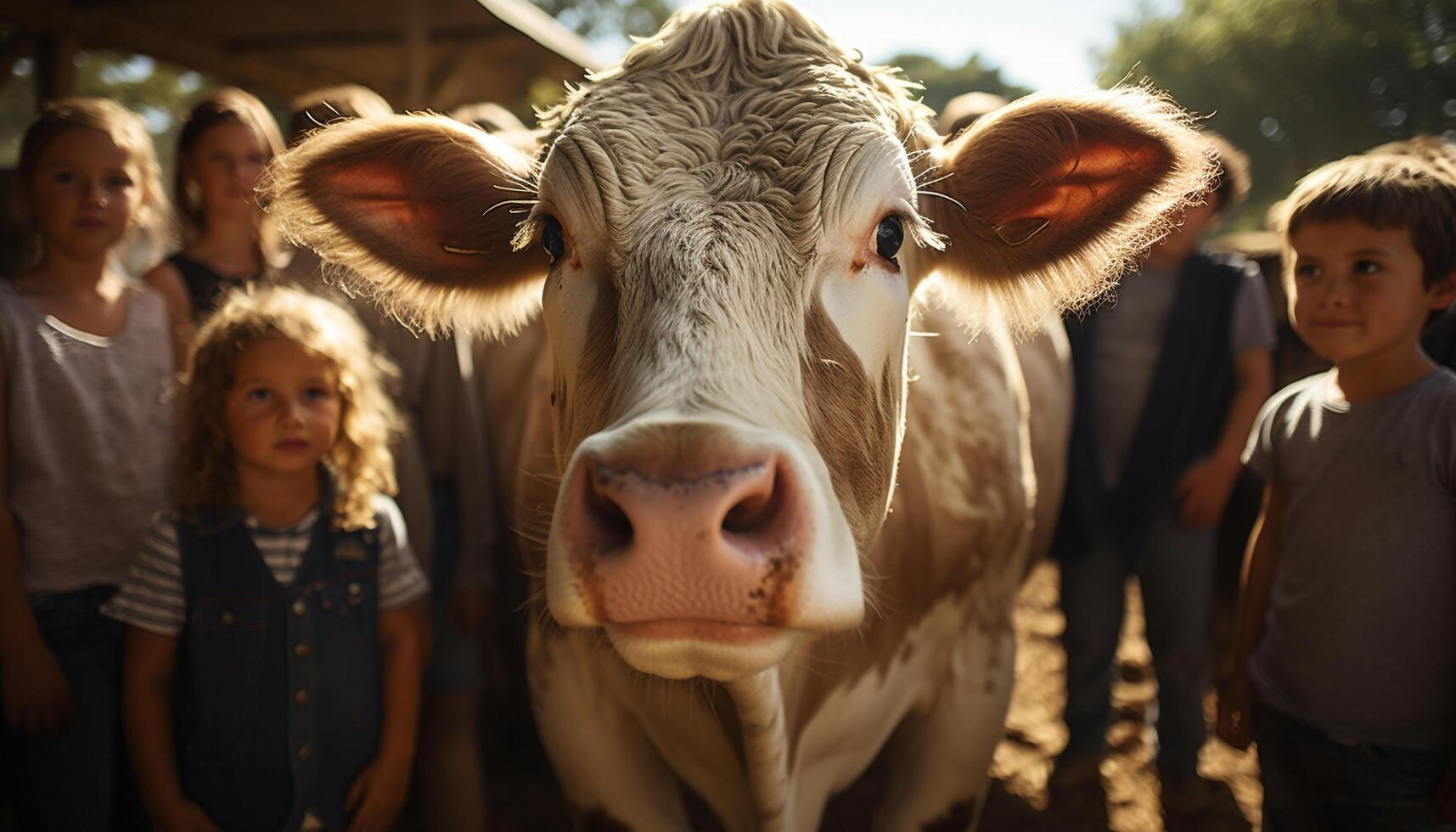 AI generated Smiling children on a farm, surrounded by cows and nature generated by AI photo