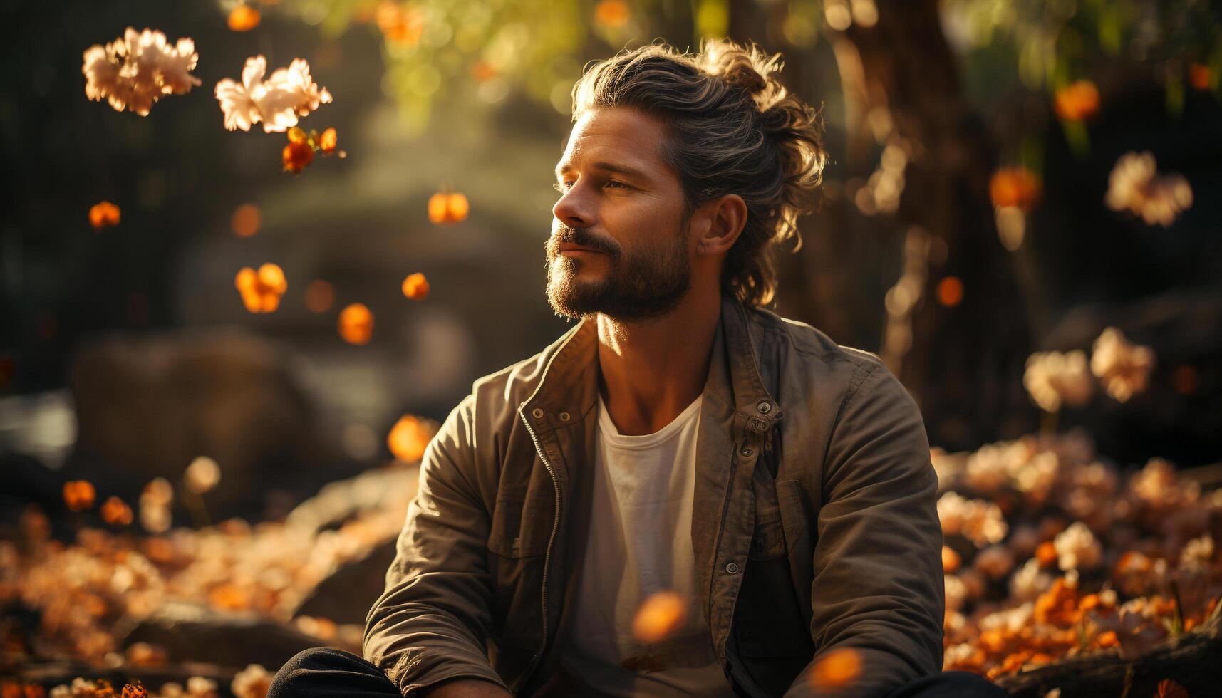 ai generado un sonriente hombre sentado al aire libre, disfrutando otoño belleza generado por ai foto