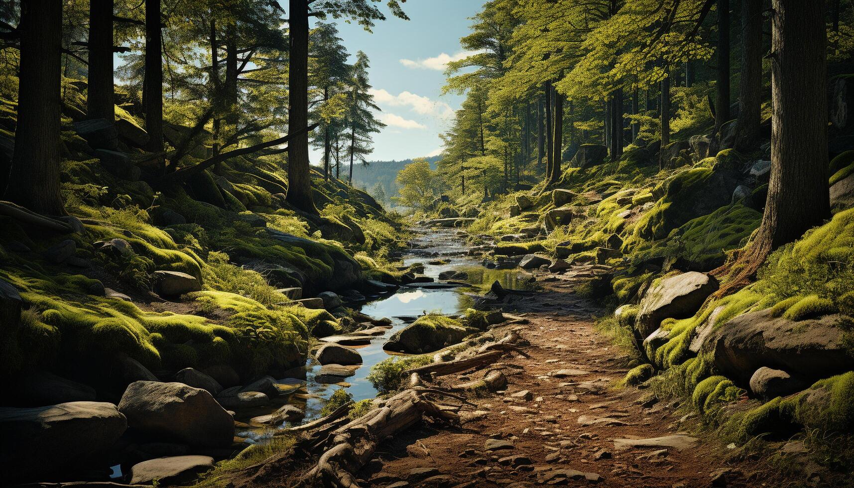 AI generated Tranquil scene green forest, flowing water, majestic mountains, peaceful wilderness generated by AI photo