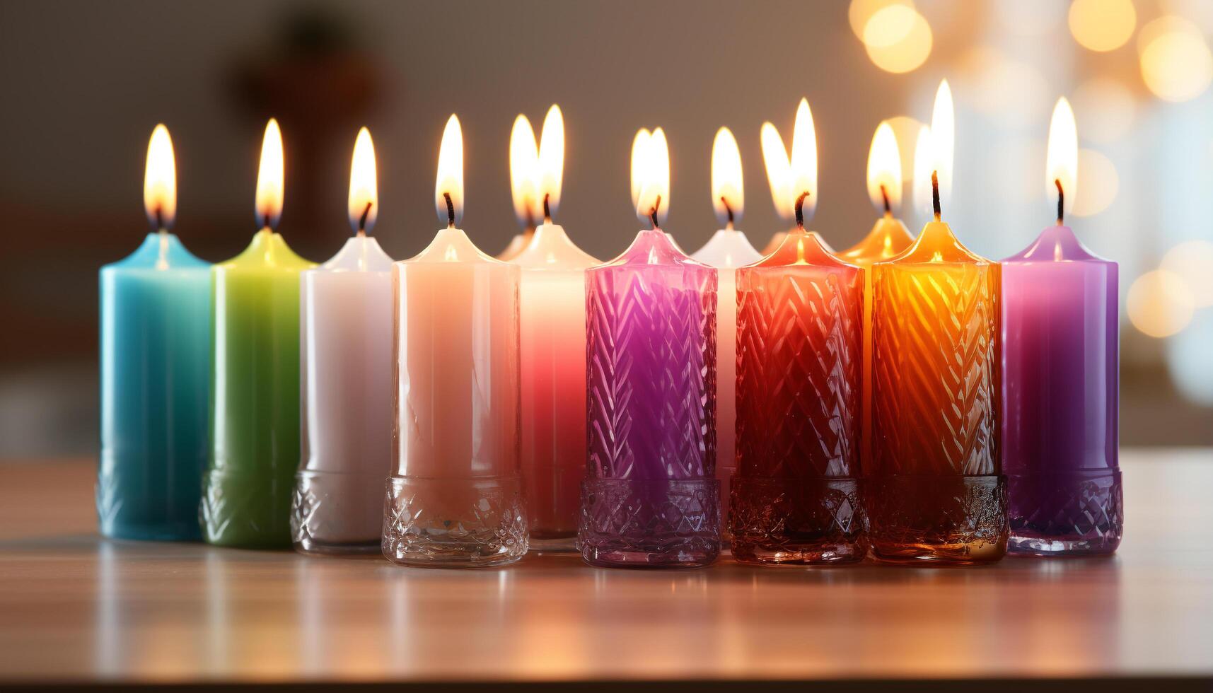 AI generated Multi colored candles burning in a row, illuminating the celebration generated by AI photo