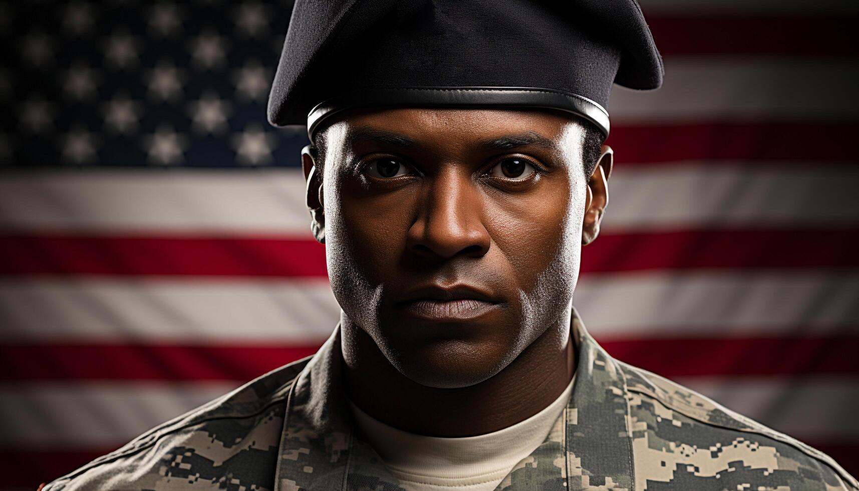 AI generated Young African American veteran in military uniform, proudly staring at camera generated by AI photo