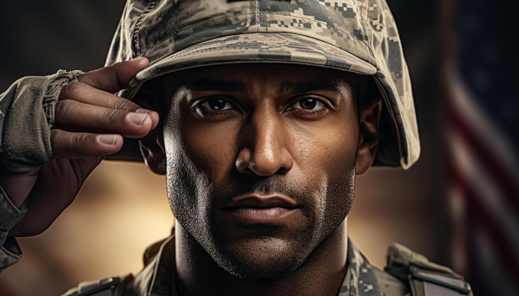 AI generated Confident young soldier in camouflage, staring, representing American patriotism generated by AI photo