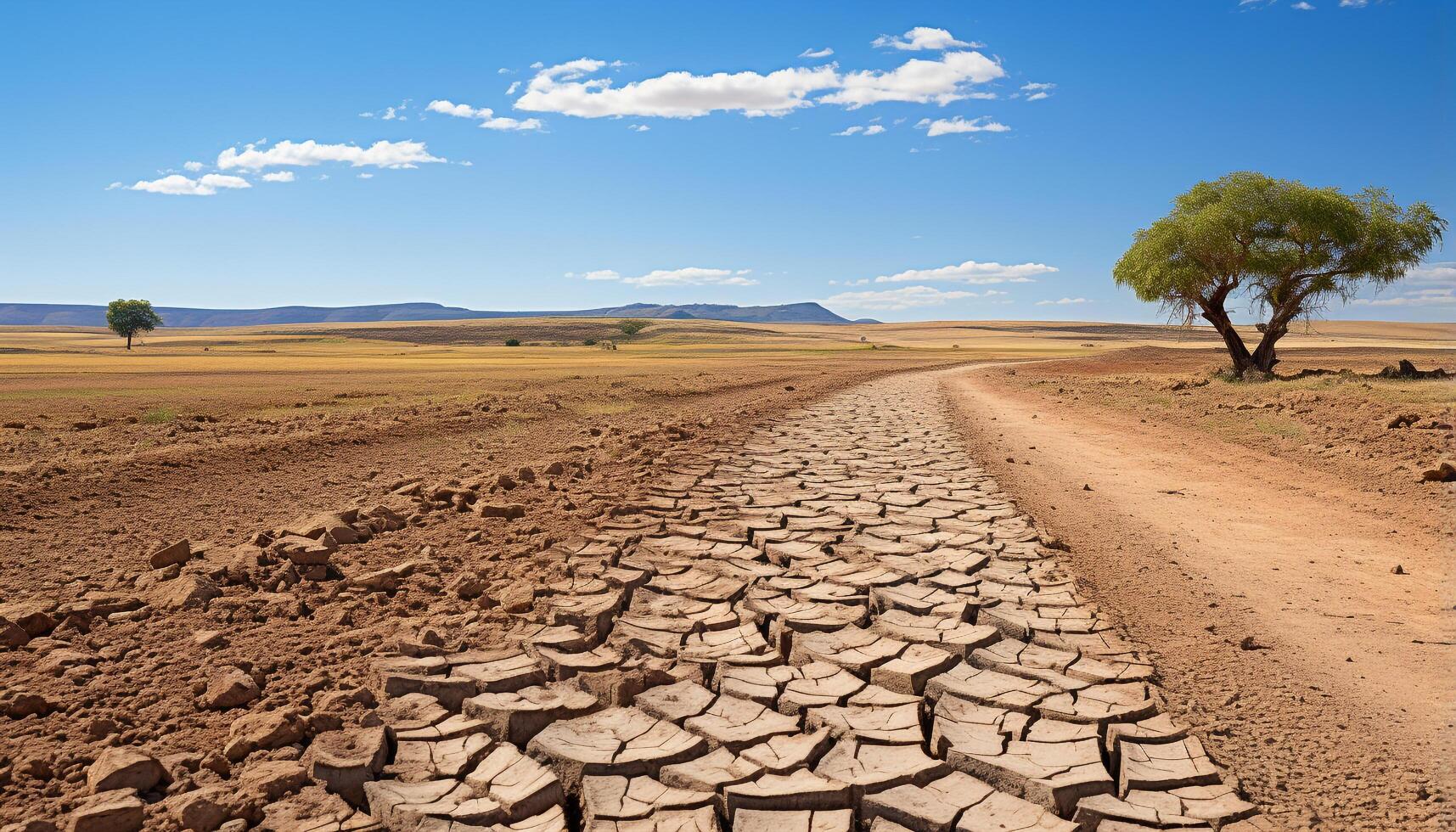 AI generated Arid Africa Dusty landscape, dry tree, extreme heat, eroded terrain generated by AI photo